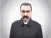 a man with a mustache is wearing a black coat and a white shirt