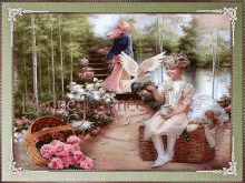a painting of a little girl sitting on a basket with the words bonne journee written on the bottom