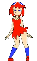 a cartoon girl in a red dress and blue socks