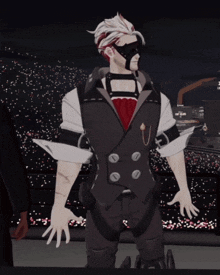a man in a suit and mask is standing in front of a crowd and the time is 2:22