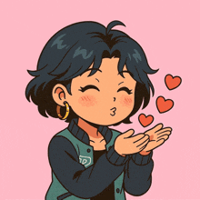 a cartoon drawing of a girl with a letter d on her jacket