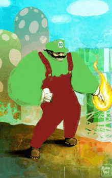 a cartoon drawing of mario wearing a green hat with the number 10 on it