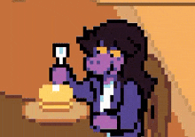 a pixel art illustration of a girl holding a bottle of perfume .