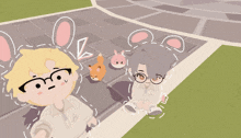 a cartoon drawing of a boy wearing glasses and a bunny ear headband