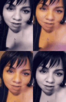 a woman 's face is shown in a collage of four photos