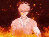a man with pink hair is standing in front of a fire and smoke .