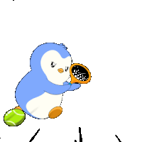 a penguin is holding a tennis racquet in front of a clock
