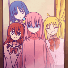 a group of anime girls standing next to each other with one girl making a sad face