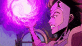 a woman is holding a purple ball in her hand