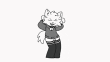 a black and white drawing of a cat wearing a sweater , knee high socks and a choker .