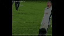 a soccer player is standing on a soccer field with his arms in the air .