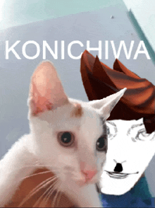 a white cat with a picture of a man behind it and the words konichiwa