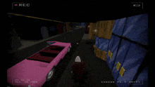 a video game screen shows a pink car with purple balloons coming out of it