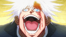 a close up of a person with their mouth open and blood coming out of it