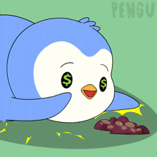 a penguin with a dollar sign in its eyes is laying on the ground holding two gold coins