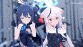 two anime girls are standing next to each other with the letters bilibili on the bottom left