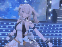a video game character is dancing on a stage with a blue background