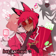 a drawing of a girl kissing a man with the words love radiobug below them
