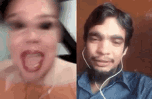 a woman is screaming and a man is wearing earphones .