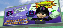 a billboard that says come work at coffee n ' bombs starting wage 2 cents an hour interviewed immediately