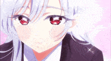 a girl with white hair and red eyes is wearing a black suit