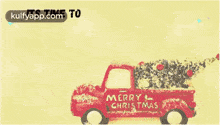 a red truck with a christmas tree in the back says merry christmas on it