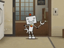 a cartoon robot is standing in front of a window