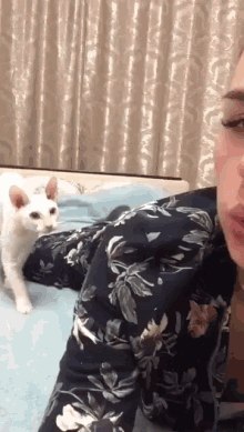 a woman in a floral shirt is holding a white cat