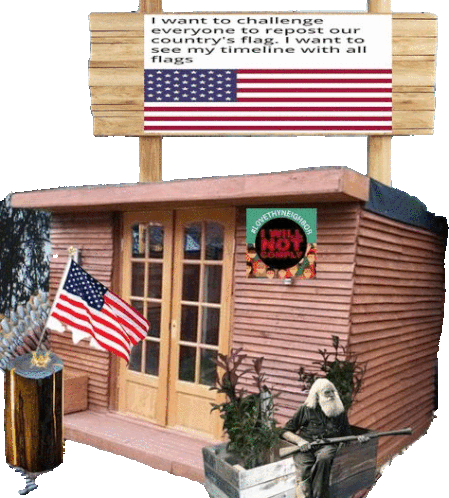 American Flag Rustic Old Cabin Sticker - American Flag Rustic Old Cabin Billboard With American Flag Stickers