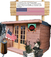American Flag Rustic Old Cabin Sticker - American Flag Rustic Old Cabin Billboard With American Flag Stickers