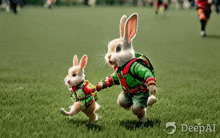 two rabbits are holding hands and running on a field .