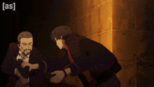a hand reaches out towards a man with a gun and the words [ as ] visible
