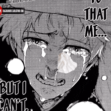 a black and white drawing of a person crying with a tissue in their mouth .