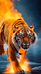 a tiger is walking through flames on a rocky surface .