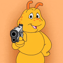 a cartoon character is holding a gun with two barrels