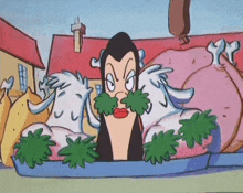 a cartoon character is standing in a tray of meat .