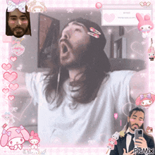 a picture of a man with his mouth open is surrounded by pink hearts and hello kitty icons