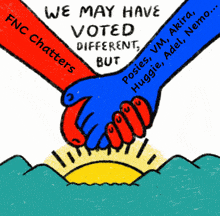 a cartoon of two hands shaking that says we may have voted different but poses vm akira huggies adel nemo