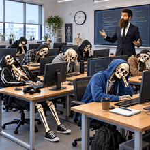 a man with a beard is giving a lecture to a group of skeletons