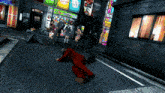 a man in a red suit is laying on the ground in front of a building with a sign that says ' time ' on it