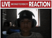 a man wearing headphones and a hat is featured in a live monsterboy reaction