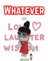 a cartoon girl wearing a headband that says ' whatever '