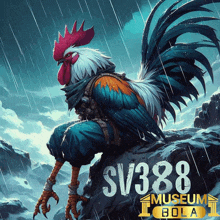 a rooster is sitting on a rock in the rain with sv388 museum bola written below it