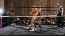 two women are wrestling in a wrestling ring with the word wrestling on the bottom right