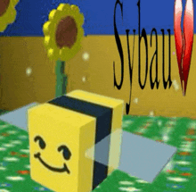 a cartoon bee with a smiling face is flying in the air .