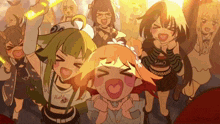 a cartoon drawing of a group of girls with one girl wearing a shirt that says hello