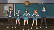a group of anime characters are standing in front of a blackboard that says may 28
