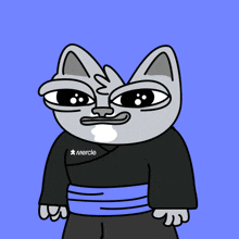 a cartoon of a cat wearing a black shirt that says mercie on it