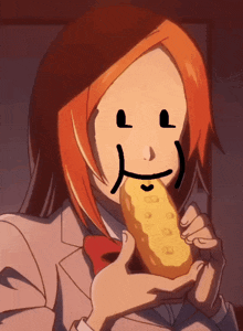 a cartoon of a girl eating a pickle with a smiley face drawn on her face
