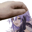a person is petting a purple haired anime girl 's head with their hand .